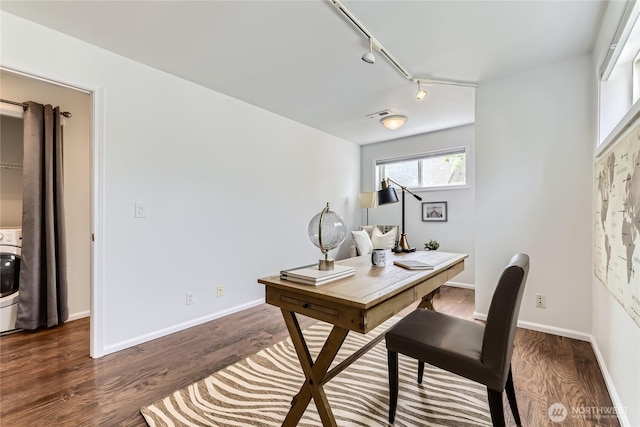 2801 NE 130th St Unit C101, Seattle, WA 98125 - home office featuring rail lighting, wood finished floors, and washer / clothes dryer