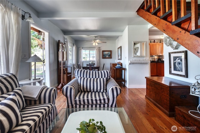2111 Maple St, Point Roberts, WA 98281 - living area featuring wood finished floors, beamed ceiling, and a ceiling fan