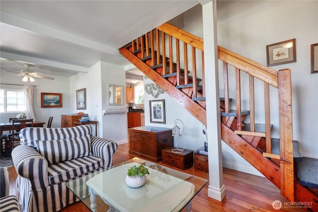 2111 Maple St, Point Roberts, WA 98281 - living room with wood finished floors, stairs, and ceiling fan
