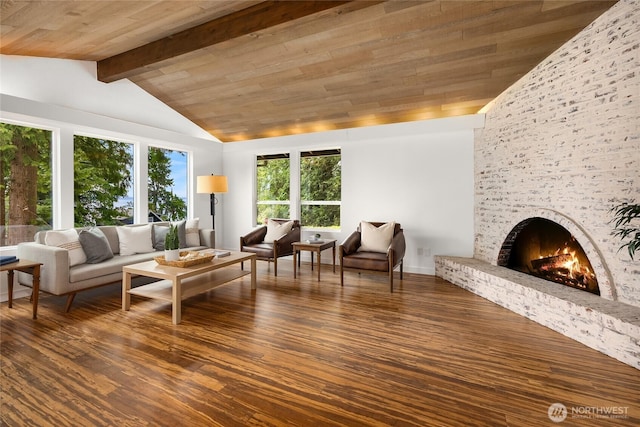 10376 NE Winthers Rd, Bainbridge Island, WA 98110 - living room featuring hardwood / wood-style flooring, a brick fireplace, a wood ceiling with exposed beams, and high vaulted ceiling
