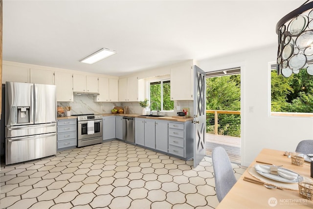 10376 NE Winthers Rd, Bainbridge Island, WA 98110 - kitchen with stainless steel appliances, light flooring, gray cabinetry, and tasteful backsplash