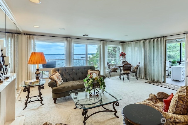 9727 NE Juanita Dr Unit 201, Kirkland, WA 98034 - living room with carpet flooring and a water view