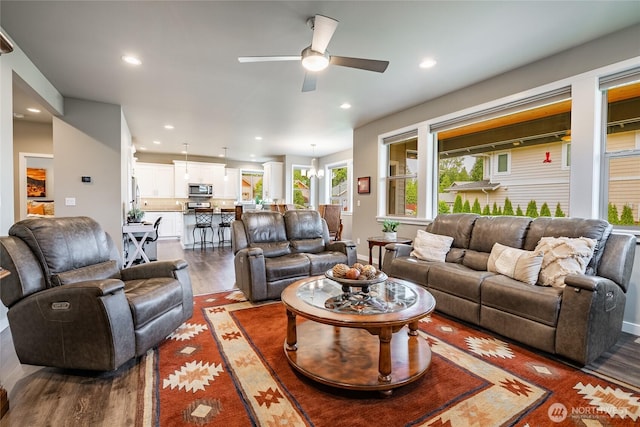 5417 Ocean Mist Loop, Blaine, WA 98230 - living area featuring a ceiling fan, dark wood-style flooring, and recessed lighting
