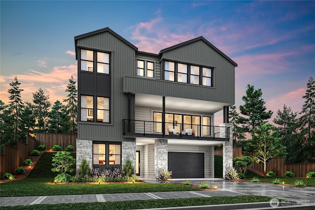 8517 137th Ave SE Unit 1, Newcastle, WA 98059 - view of front of house with a balcony, stone siding, driveway, and a garage