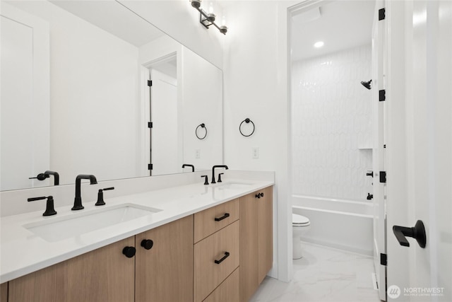 8517 137th Ave SE Unit 1, Newcastle, WA 98059 - full bath featuring marble finish floors, double vanity, and shower / bathtub combination