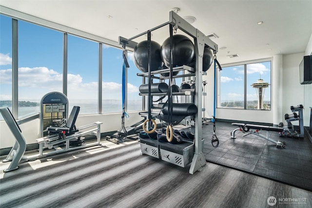 2510 6th Ave Unit 1010, Seattle, WA 98121 - gym with a water view and carpet flooring
