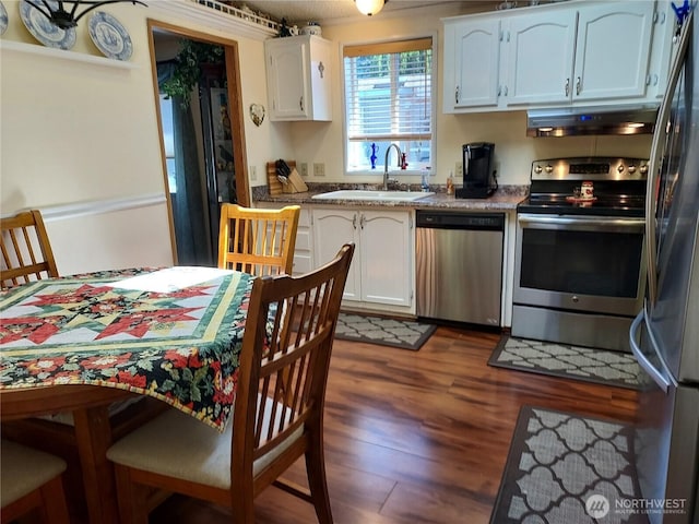 8430 15th Pl SE Unit 33, Lake Stevens, WA 98258 - kitchen featuring appliances with stainless steel finishes, white cabinetry, under cabinet range hood, and dark wood-type flooring