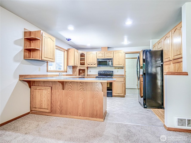 4616 140th St NW, Marysville, WA 98271 - kitchen with freestanding refrigerator, electric range, a peninsula, a breakfast bar area, and open shelves