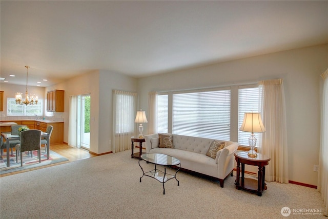1218 Alpine View Dr, Mount Vernon, WA 98274 - living room featuring a chandelier, light colored carpet, and recessed lighting