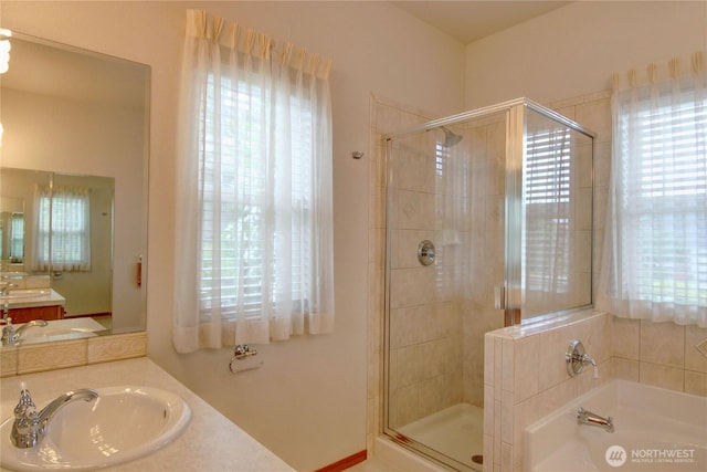 1218 Alpine View Dr, Mount Vernon, WA 98274 - bathroom with vanity, a garden tub, and a stall shower