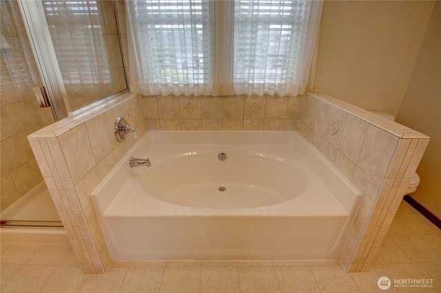 1218 Alpine View Dr, Mount Vernon, WA 98274 - full bathroom featuring tile patterned floors, a garden tub, and a shower stall