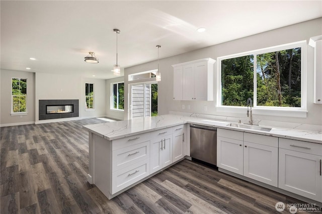 11020 Matthews Way, Anderson Island, WA 98303 - kitchen featuring dishwasher, a peninsula, white cabinetry, dark wood-style flooring, and recessed lighting