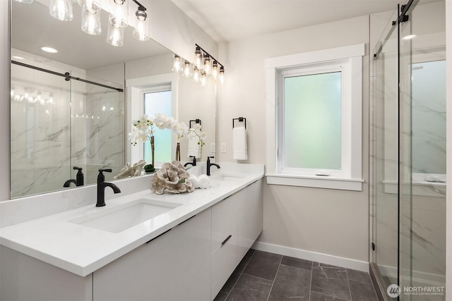 19722 Filbert Dr Unit A-4, Bothell, WA 98012 - bathroom featuring double vanity, a marble finish shower, and tile patterned floors