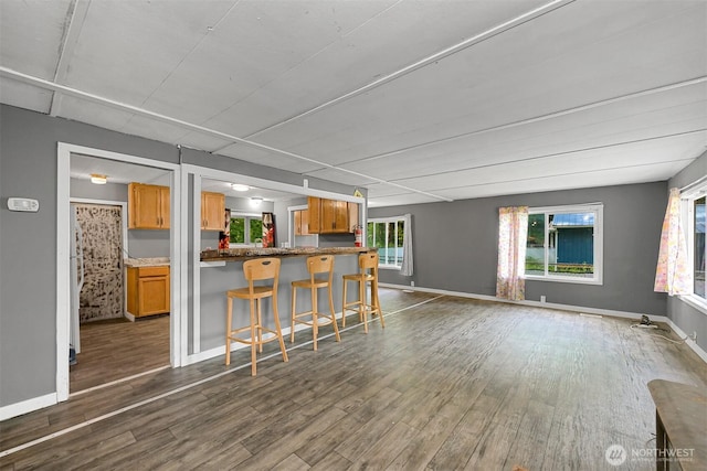 8283 Golden Valley Blvd, Maple Falls, WA 98266 - kitchen featuring brown cabinets, dark wood-style flooring, open floor plan, and a breakfast bar