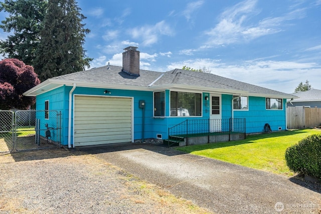 1108 123rd St S, Tacoma, WA 98444 - ranch-style home with an attached garage, driveway, a gate, a chimney, and a shingled roof