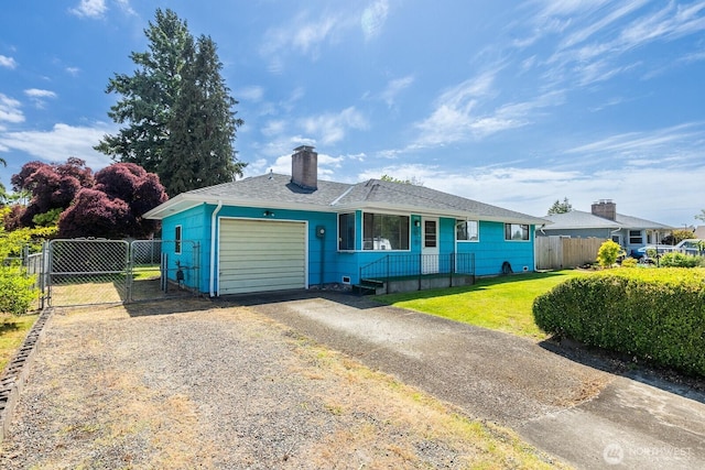 1108 123rd St S, Tacoma, WA 98444 - single story home featuring a garage, asphalt driveway, a chimney, a gate, and a shingled roof