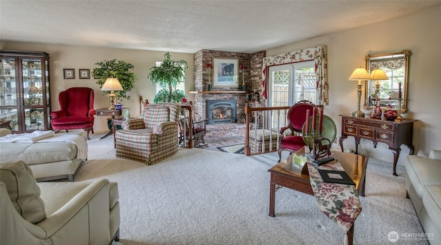 605 Lee Ave, Aberdeen, WA 98520 - carpeted living room with a textured ceiling and a fireplace