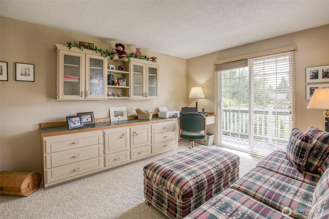 605 Lee Ave, Aberdeen, WA 98520 - living area with carpet, built in desk, and a textured ceiling