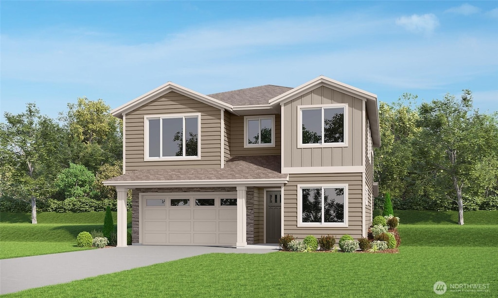 1184 68th Loop SE, Tumwater, WA 98501 - view of front of home featuring driveway, a front lawn, an attached garage, and roof with shingles