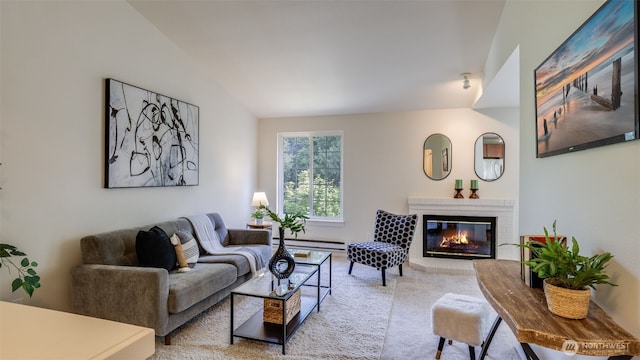 10619 SE 261st Pl Unit E303, Kent, WA 98030 - living room featuring baseboard heating, a fireplace, carpet, and vaulted ceiling