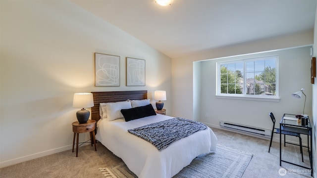 10619 SE 261st Pl Unit E303, Kent, WA 98030 - bedroom featuring light colored carpet, vaulted ceiling, and a baseboard radiator