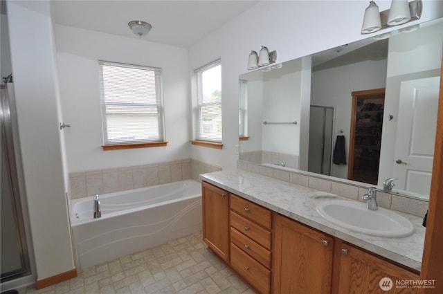1750 Grand Ave, Mount Vernon, WA 98274 - bathroom featuring vanity, a garden tub, and a stall shower