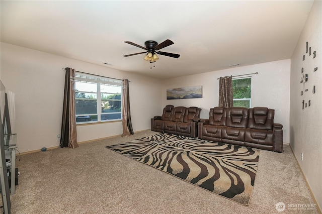5304 114th St SE, Everett, WA 98208 - carpeted living room featuring a ceiling fan and baseboards