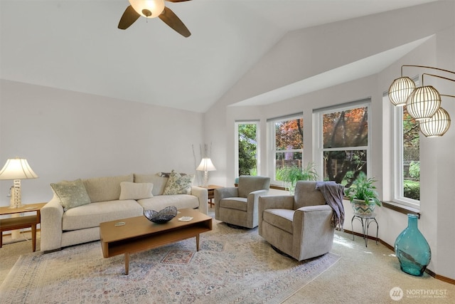 4623 224th St SE, Bothell, WA 98021 - carpeted living area with lofted ceiling and a ceiling fan