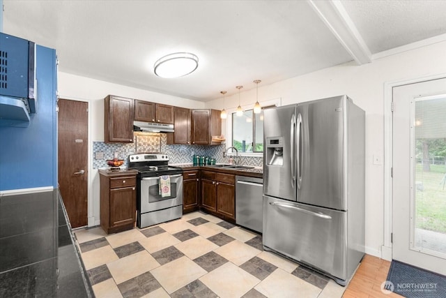 707 Kenwood St N, Omak, WA 98841 - kitchen featuring appliances with stainless steel finishes, under cabinet range hood, backsplash, dark brown cabinetry, and dark countertops