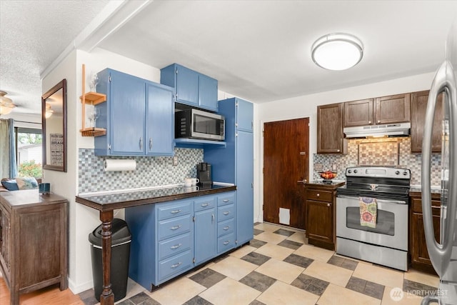 707 Kenwood St N, Omak, WA 98841 - kitchen with stainless steel appliances, under cabinet range hood, blue cabinets, tasteful backsplash, and dark countertops
