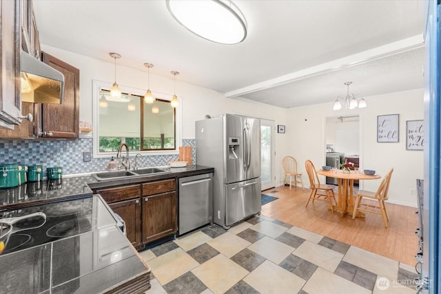 707 Kenwood St N, Omak, WA 98841 - kitchen featuring appliances with stainless steel finishes, dark countertops, backsplash, washer / dryer, and extractor fan