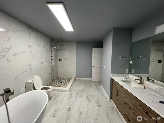 9525 S 221st Pl, Kent, WA 98031 - bathroom with marble finish flooring, vanity, a marble finish shower, and a freestanding tub