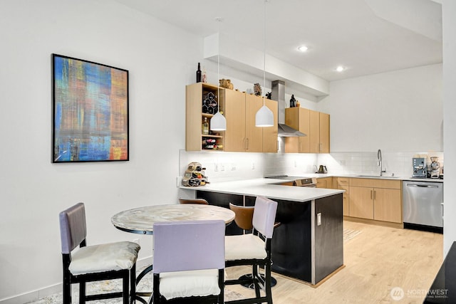 2030 24th Ave S Unit 29, Seattle, WA 98144 - kitchen featuring dishwasher, light brown cabinetry, tasteful backsplash, a peninsula, and light wood-style floors