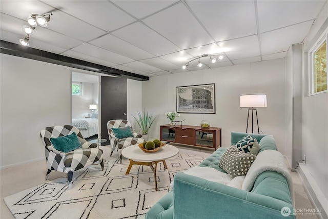 4815 46th Ave S, Seattle, WA 98118 - living room featuring a paneled ceiling, healthy amount of natural light, and carpet flooring