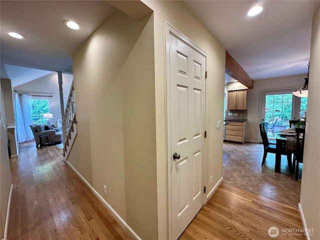 2285 Rusty Ln, Bellingham, WA 98229 - hallway with light wood-style flooring, stairway, and recessed lighting