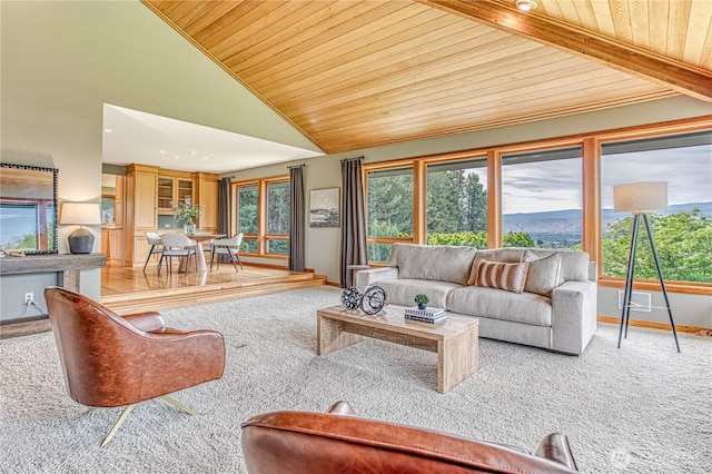 423 Lombard Ln, Wenatchee, WA 98801 - carpeted living area featuring wood ceiling and lofted ceiling