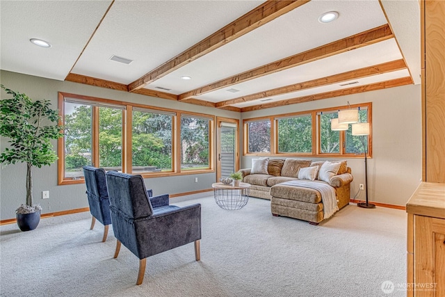 423 Lombard Ln, Wenatchee, WA 98801 - living area with carpet, healthy amount of natural light, beam ceiling, a textured ceiling, and recessed lighting