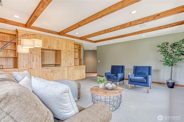 423 Lombard Ln, Wenatchee, WA 98801 - living area with light carpet, beamed ceiling, and recessed lighting