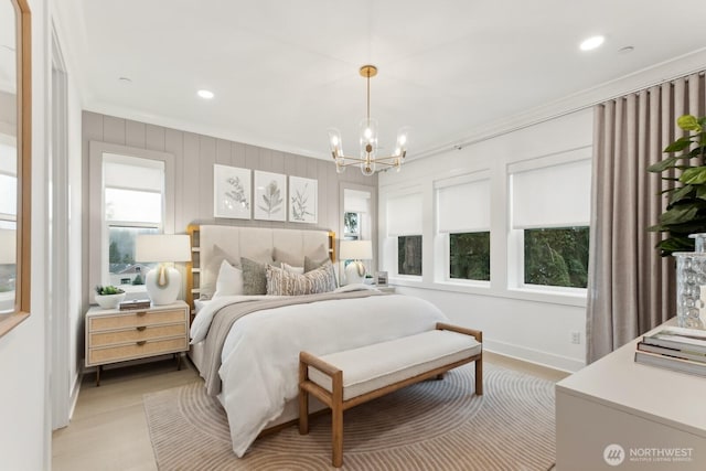 18814 99th Ct NE Unit A, Bothell, WA 98011 - bedroom featuring ornamental molding, a chandelier, and recessed lighting