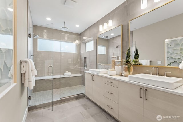 18814 99th Ct NE Unit A, Bothell, WA 98011 - bathroom featuring double vanity, a shower stall, and tile patterned floors
