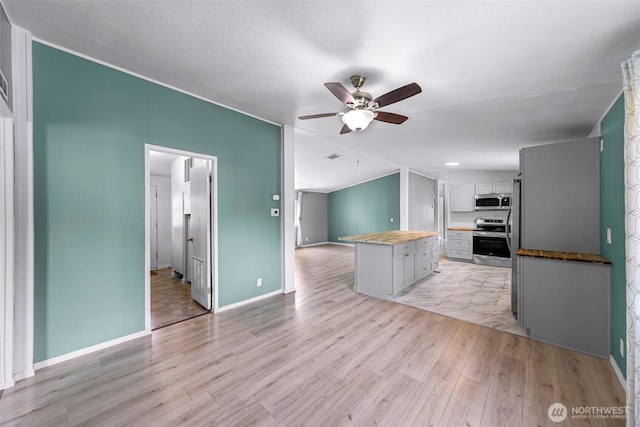 700 N Reed St Unit 101, Sedro Woolley, WA 98284 - kitchen with appliances with stainless steel finishes, a ceiling fan, light wood-style floors, a kitchen island, and open floor plan