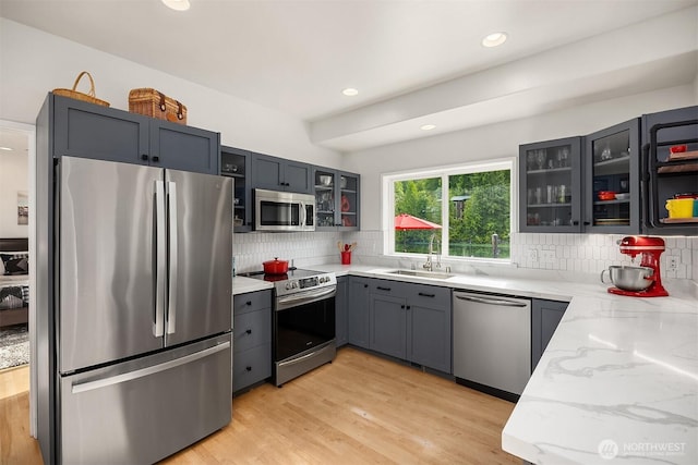 493 N Beach Dr, Port Ludlow, WA 98365 - kitchen featuring stainless steel appliances, light stone countertops, decorative backsplash, light wood-type flooring, and recessed lighting