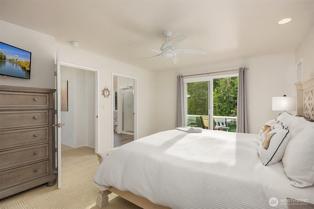 493 N Beach Dr, Port Ludlow, WA 98365 - bedroom with light colored carpet, ceiling fan, and access to exterior