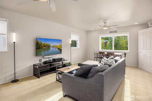493 N Beach Dr, Port Ludlow, WA 98365 - living area featuring ceiling fan, light carpet, and recessed lighting