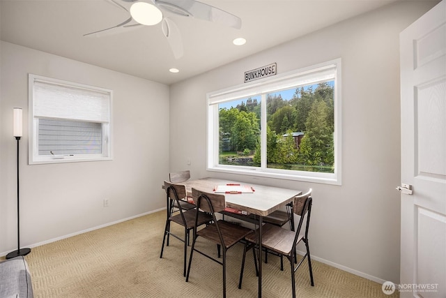 493 N Beach Dr, Port Ludlow, WA 98365 - dining area featuring ceiling fan, light carpet, and recessed lighting