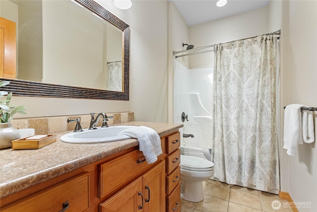 6068 E Hemmi Ln, Bellingham, WA 98226 - bathroom with tile patterned floors, vanity, and shower / bath combo with shower curtain