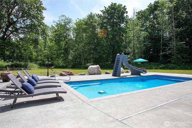 6068 E Hemmi Ln, Bellingham, WA 98226 - swimming pool with a water slide, a patio area, and a lawn