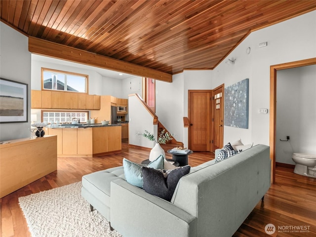 2727 Fairview Ave E Unit 12, Seattle, WA 98102 - living room featuring wood ceiling, wood-type flooring, and stairway