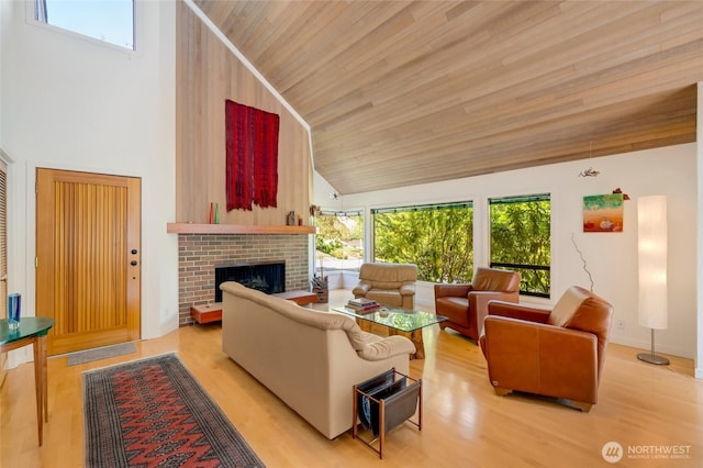 2314 140th Pl SE, Mill Creek, WA 98012 - living area featuring high vaulted ceiling, a brick fireplace, light wood finished floors, and wood ceiling
