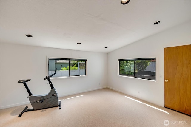 2314 140th Pl SE, Mill Creek, WA 98012 - exercise room featuring carpet, lofted ceiling, and recessed lighting